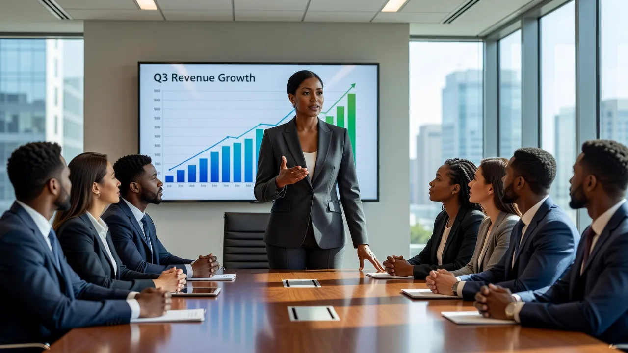 A diverse leader giving a presentation