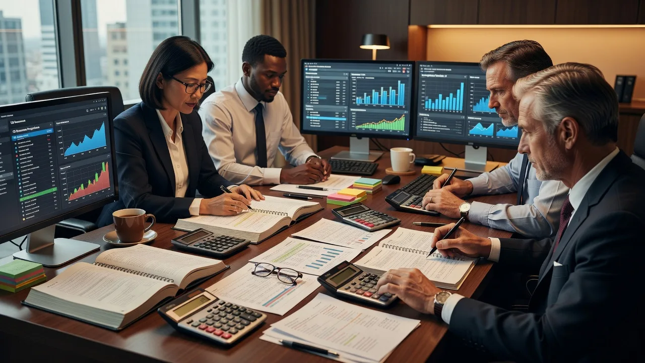 Financial consultants reviewing documents and charts