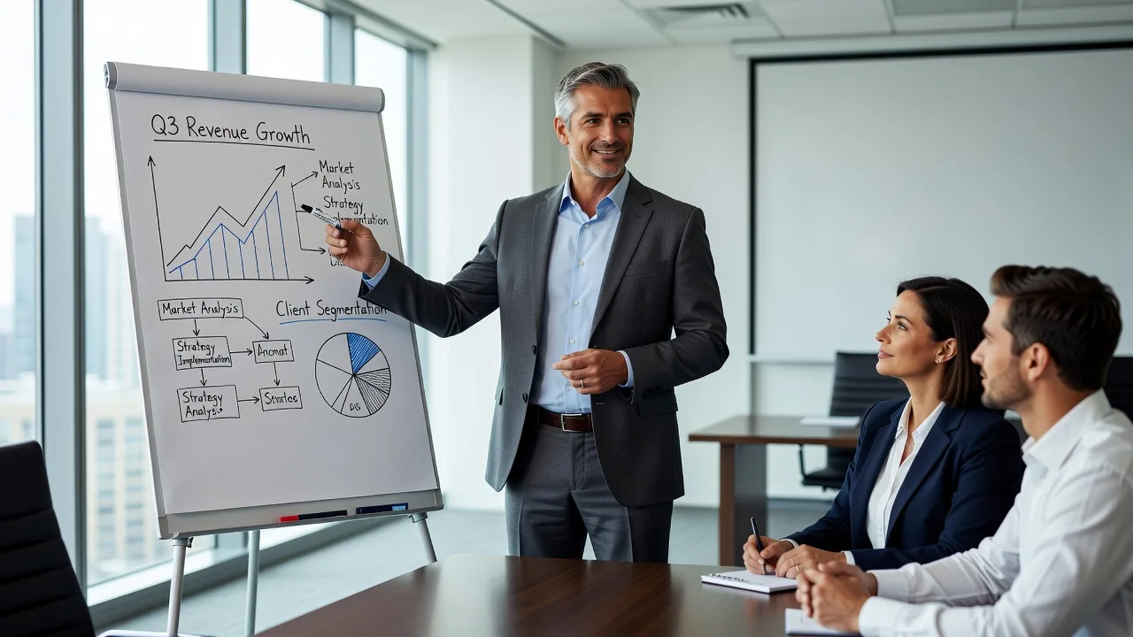 Consultant explaining a business model on a flipchart