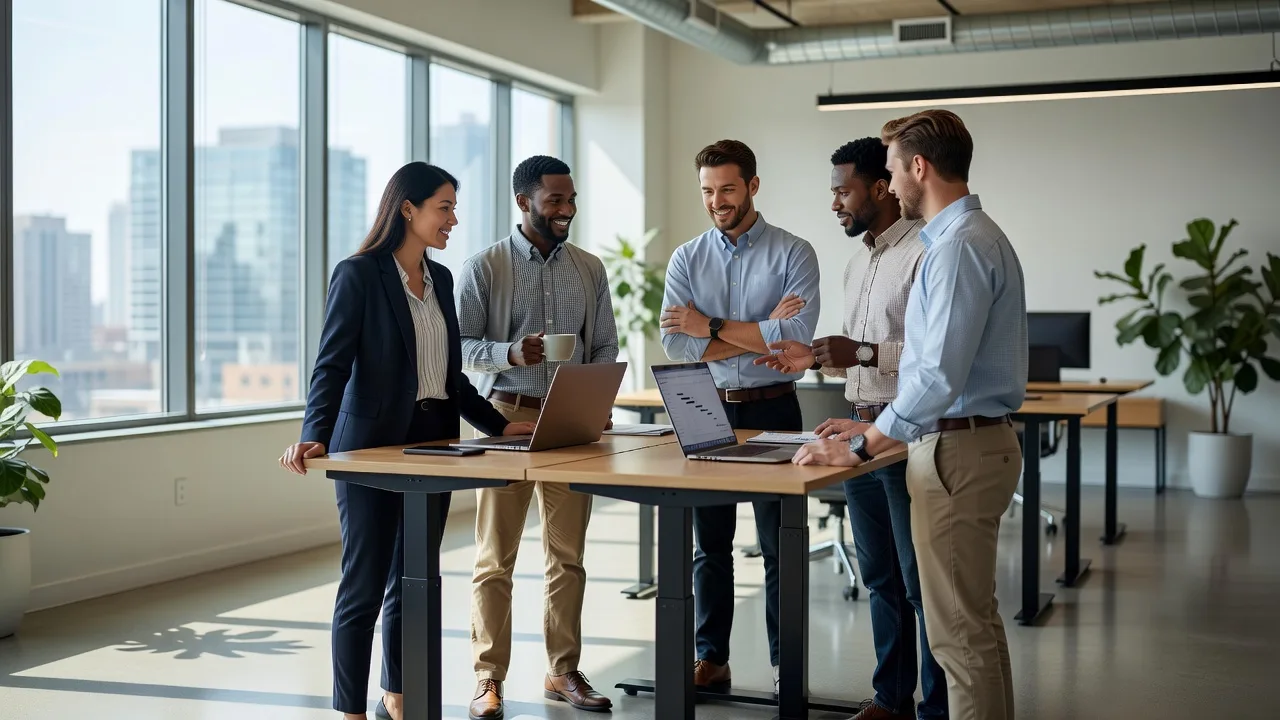 A team collaborating in a modern open office