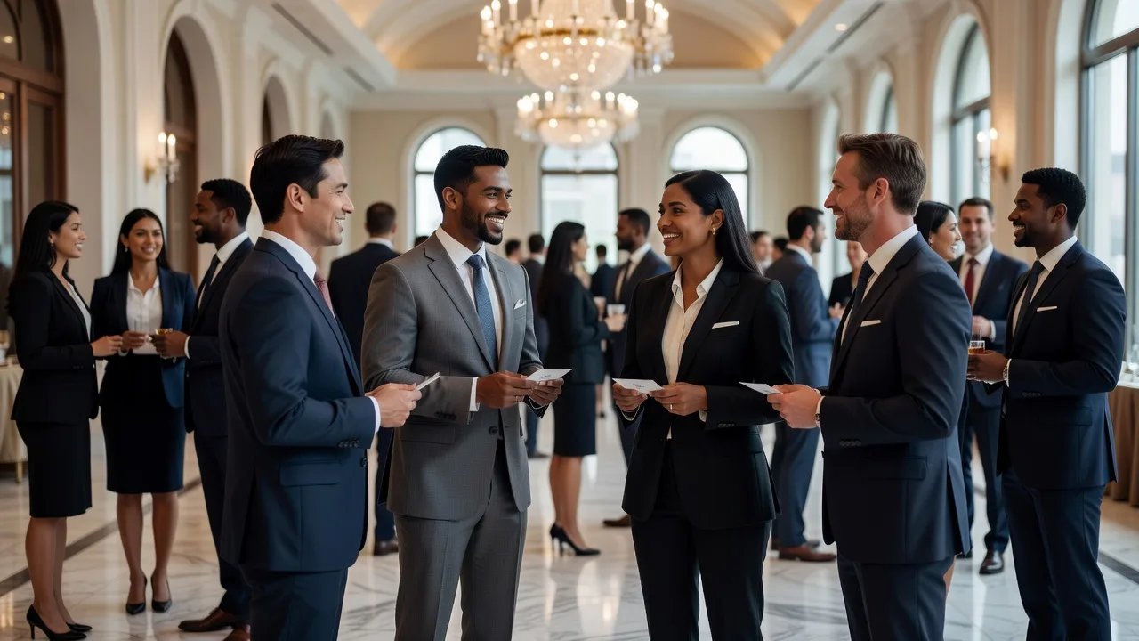 Professionals networking at a corporate event